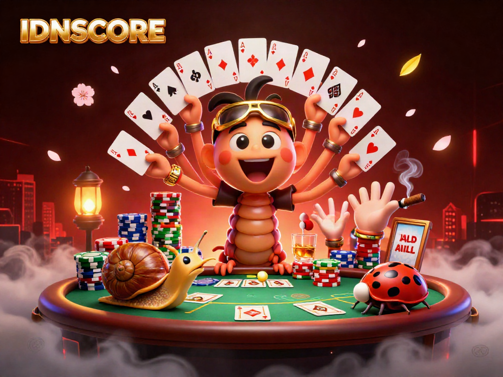 Engage with IDNSCORE in a vibrant casino scene featuring unique characters and dynamic gambling elements.