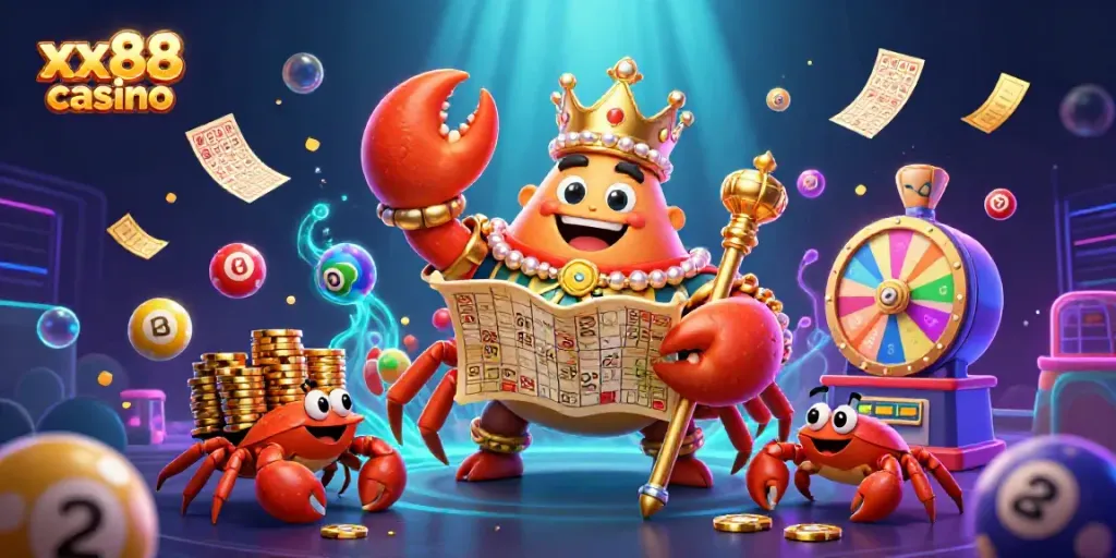 Experience excitement at xx88 casino with a vivid 3D illustration of a golden crab emperor and lottery elements.