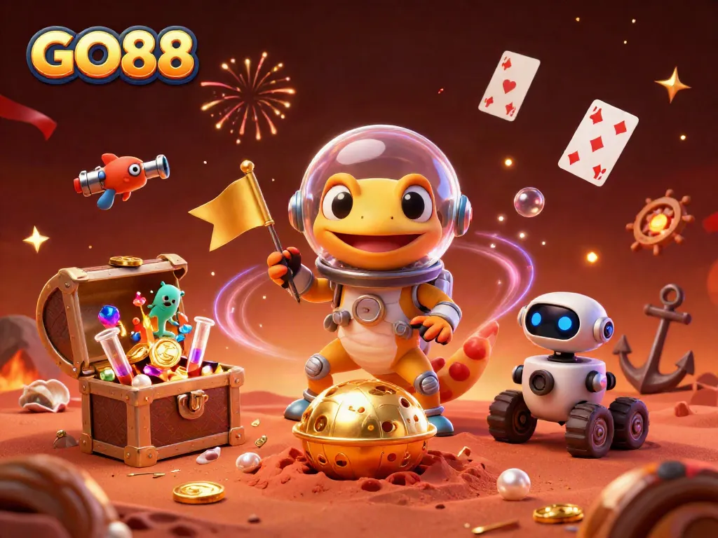Engage in the thrilling world of GO88 illustrated by a Martian gecko discovering a golden casino on Mars.