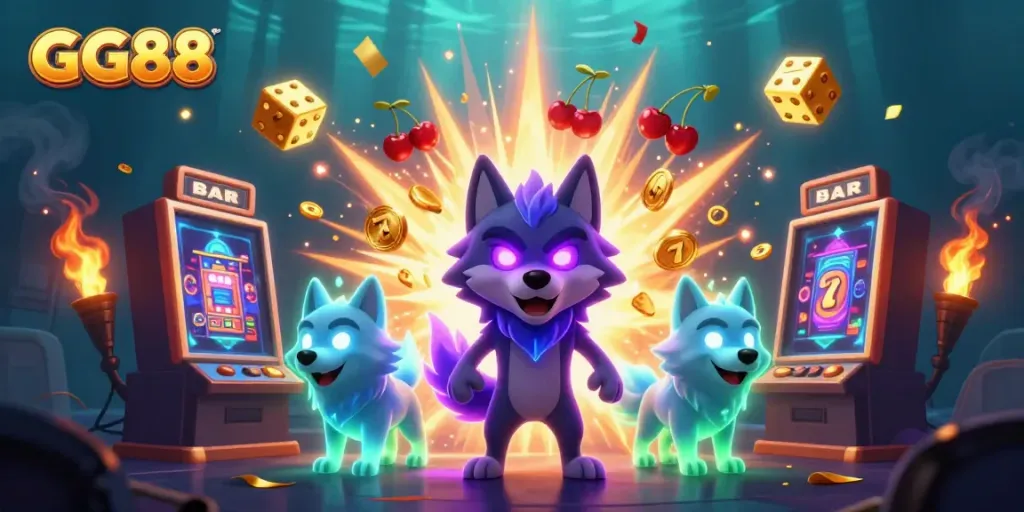 Experience the excitement of GG88 with a dynamic 3D wolf pack leader, slot machine jackpot explosion, and glowing casino elements.