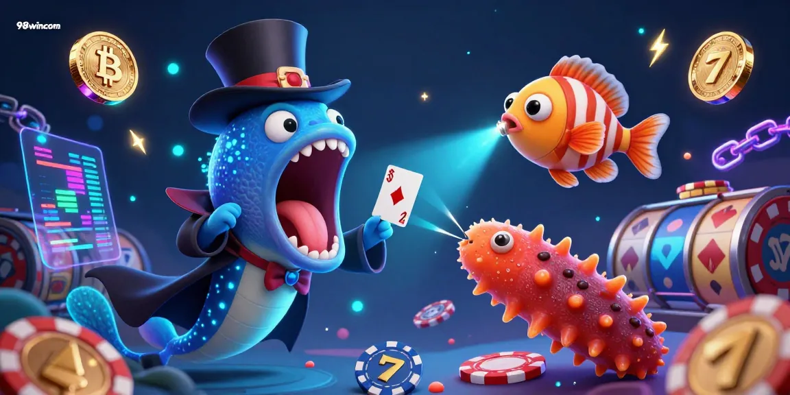 Engage in winning strategies at 98wincom with a dynamic gambling illustration featuring vibrant slot games!