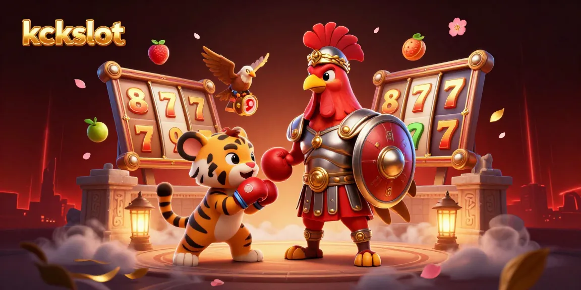 Gambarkan kckslot dalam ilustrasi 3D dengan ayam gladiator, singa laut, dan elemen kasino.