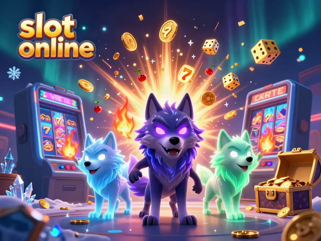 Experience slot online thrills with a dynamic 3D illustration featuring winning symbols and vibrant colors.