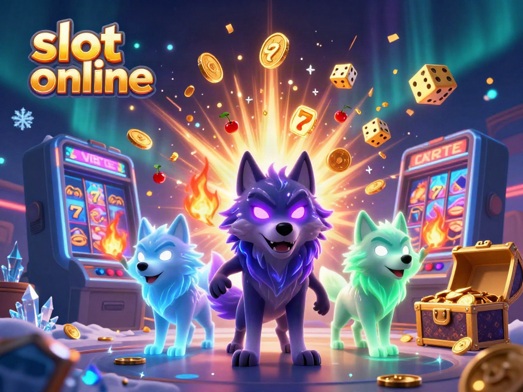 Experience slot online thrills with a dynamic 3D illustration featuring winning symbols and vibrant colors.