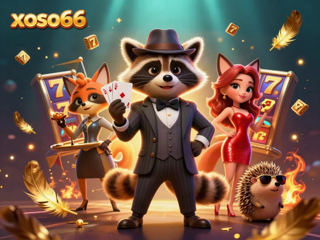 Experience the thrill at xoso66 with a dynamic casino scene featuring a raccoon in a suit, a fox in a red dress, and exciting slot elements.