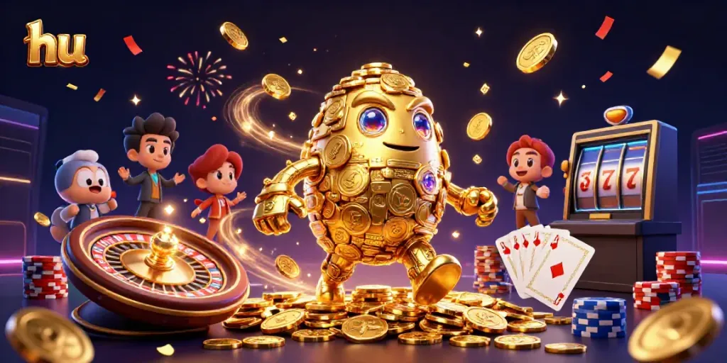 Spin the reels at hu with an engaging 3D scene of golden gaming elements and vibrant celebration.