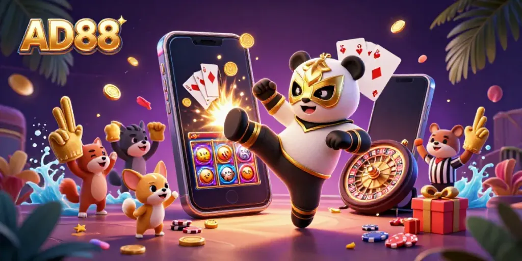Engage with AD88's vibrant casino world where playful characters showcase thrilling gaming experiences.