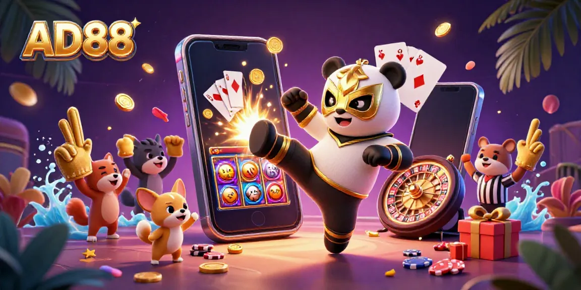 Engage with AD88's vibrant casino world where playful characters showcase thrilling gaming experiences.