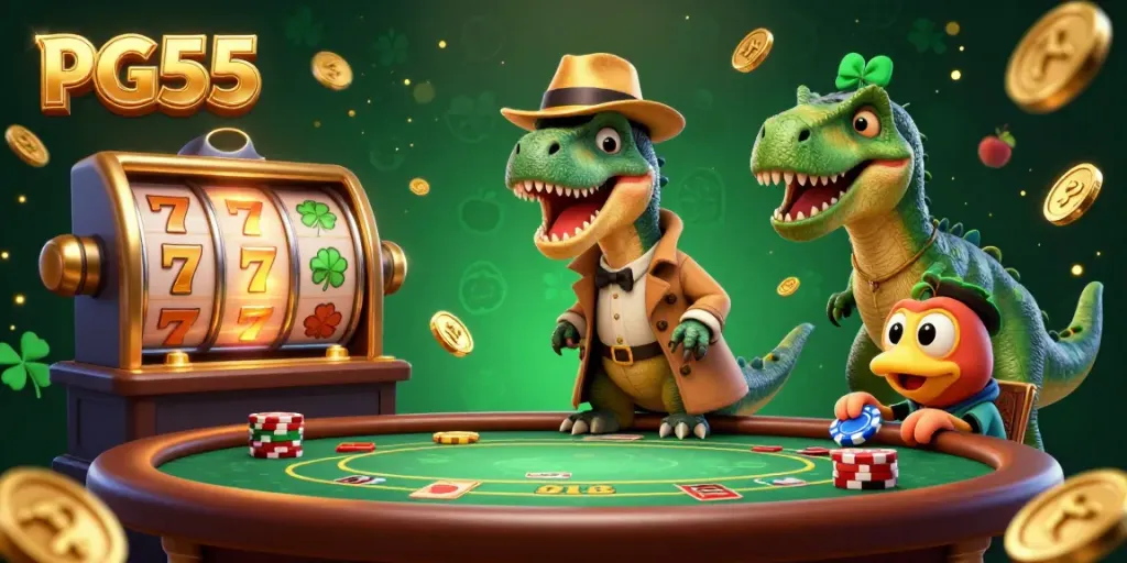 Experience PG55's thrilling blackjack action featuring cartoon dinosaurs in a vibrant casino setting.