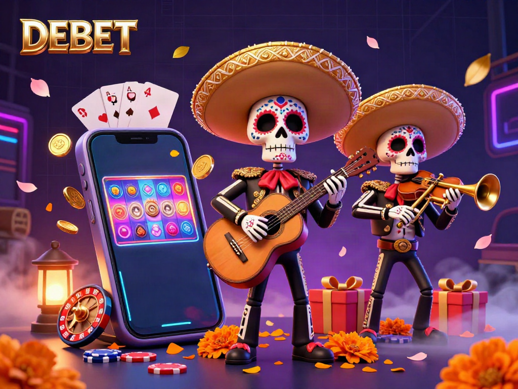 Experience excitement with DEBET as a colorful mariachis play amidst casino games and vibrant decorations.