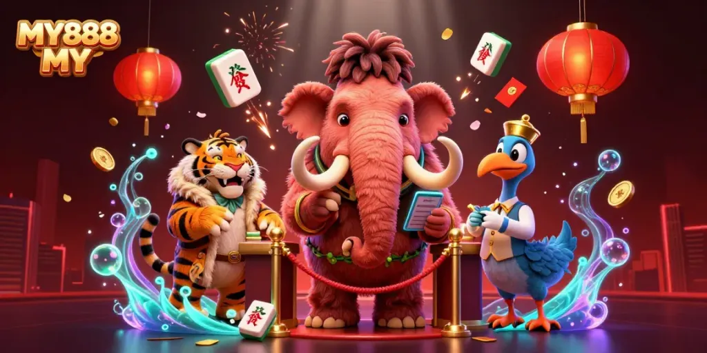 Experience exciting gaming at MY888 MY with a vibrant casino scene featuring unique animal bouncers and lucky symbols.