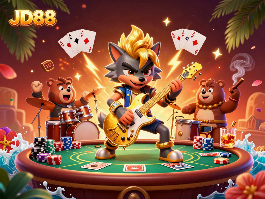 Win big with JD88 in a vibrant 3D casino scene featuring wolf guitarist and poker elements.