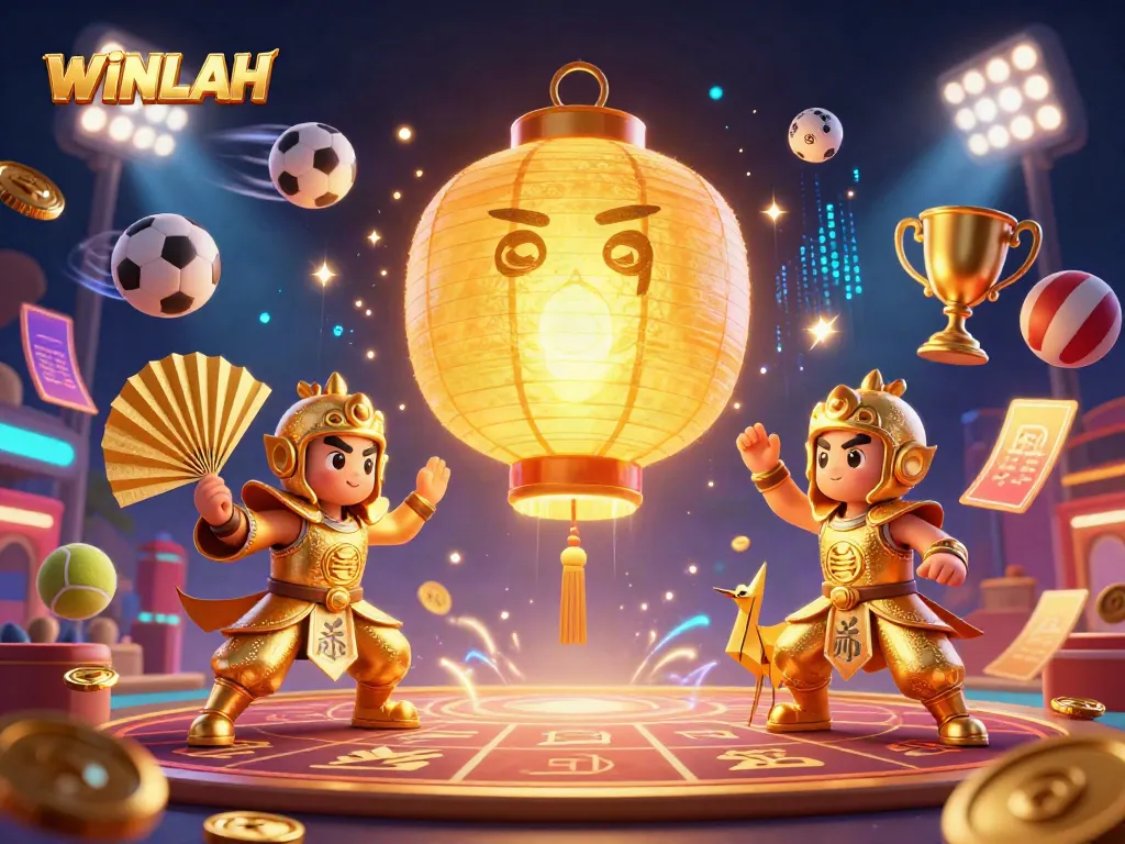Engage with WINLAH's vibrant casino world featuring a glowing lantern spirit and dynamic sports elements.