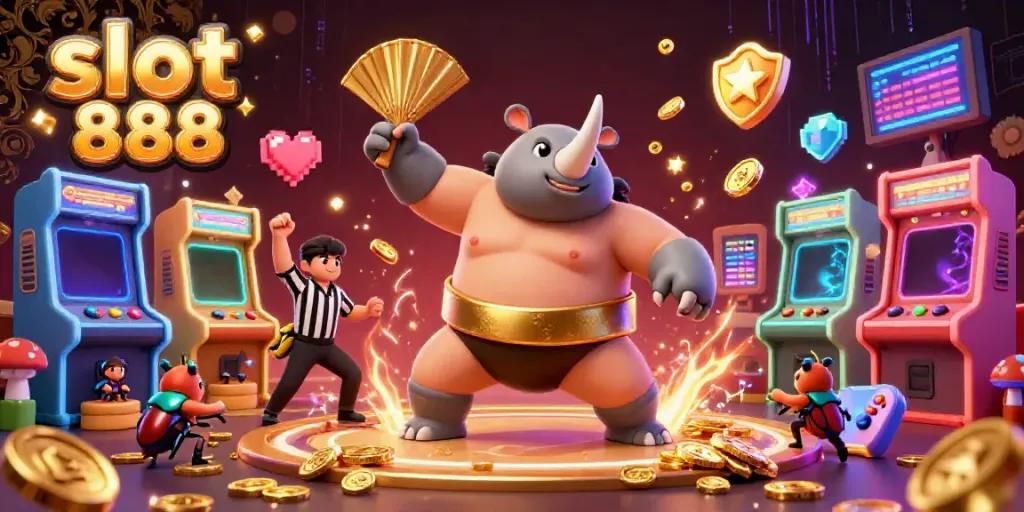 Experience the vibrant thrill of slot 888 with a dynamic scene of cartoon characters, magical coins, and gaming elements.