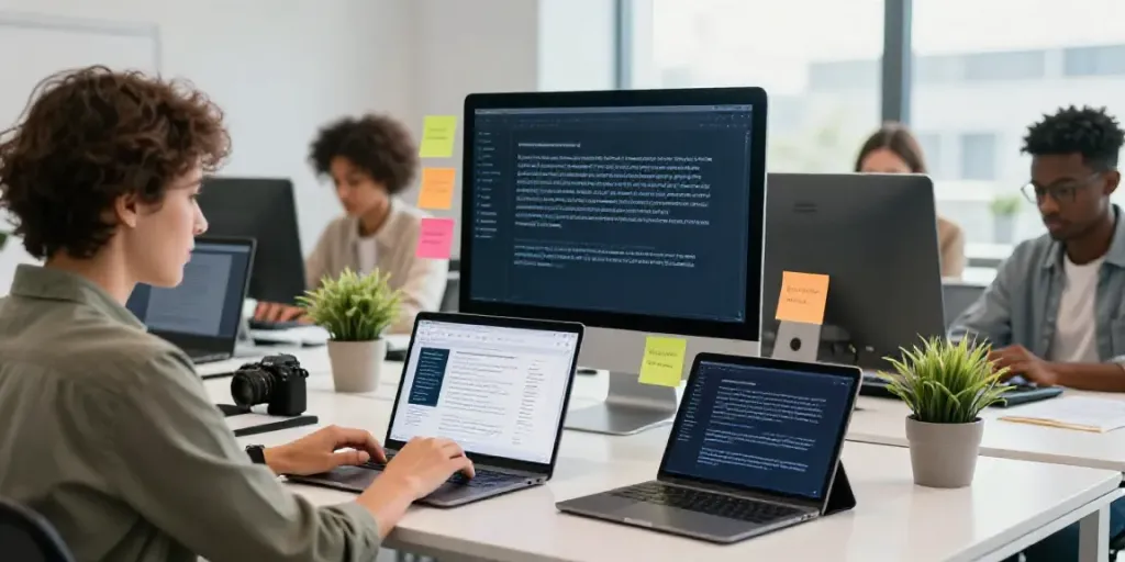 Team collaborating to generate French text with AI in a modern office environment.