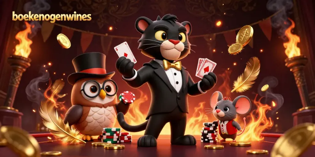 Experience excitement at boekenoogenwines with a stylish 3D casino scene featuring a card dealer.