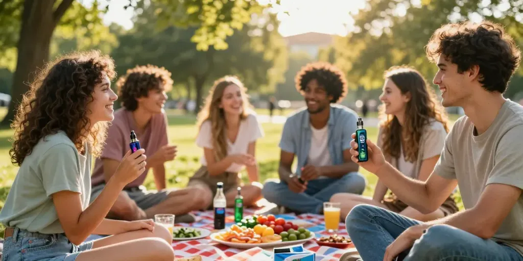 Young adults enjoying the sunny outdoors with the Boutiq Switch V6 cannabis vape, showcasing a vibrant social atmosphere.