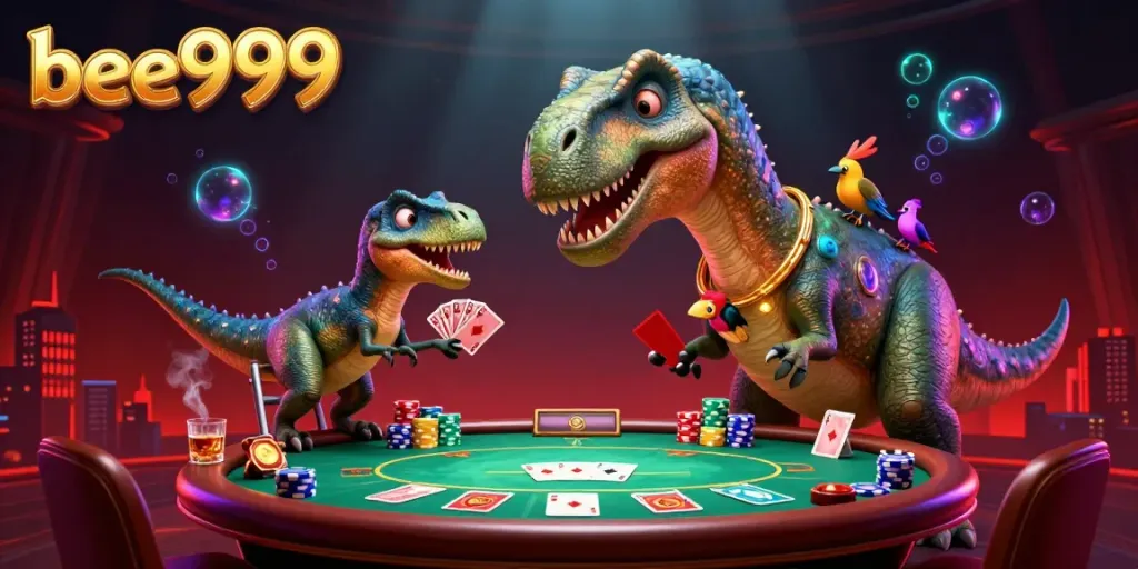 Engage in thrilling poker with bee999 featuring a giant dinosaur and dynamic card dealings amidst a vibrant casino.
