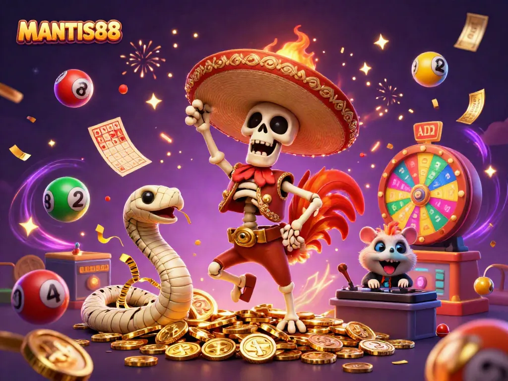 MANTIS88 brings excitement with a vibrant 3D illustration featuring a mariachi rooster celebrating on gold coins.