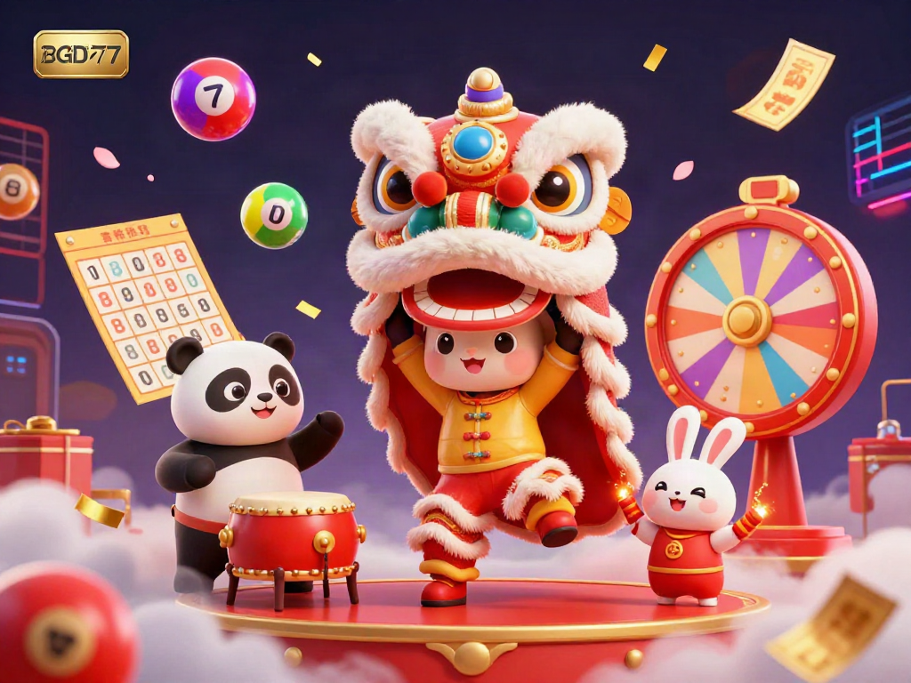Join the festive celebration of BGD77 with dynamic casino elements like spinning wheels and colorful lottery balls.