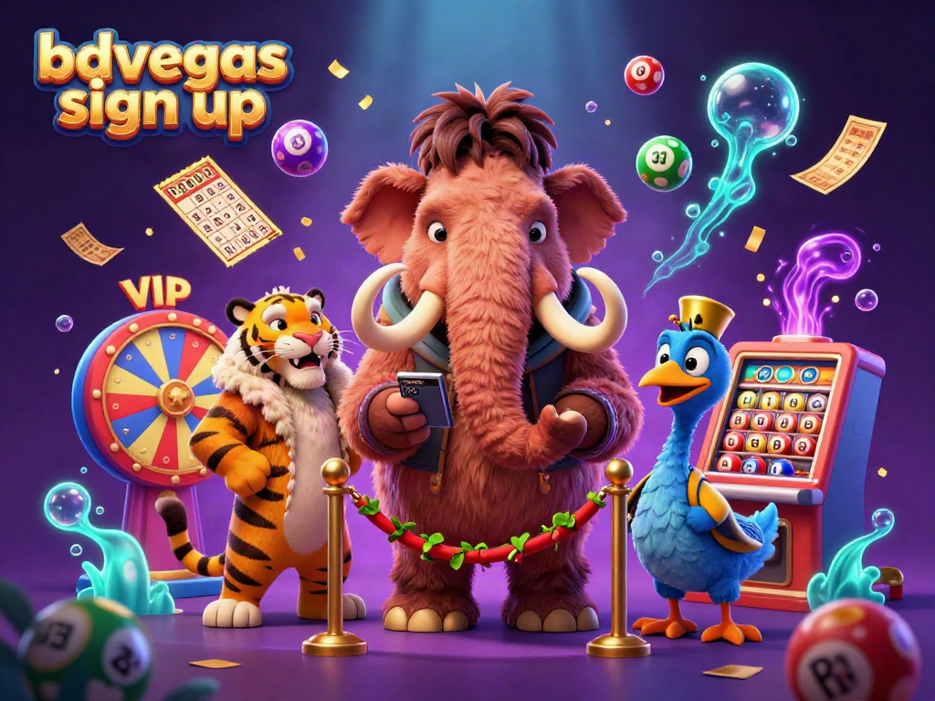 Experience the bdvegas sign up with a vibrant 3D illustration featuring unique casino characters and festive elements.