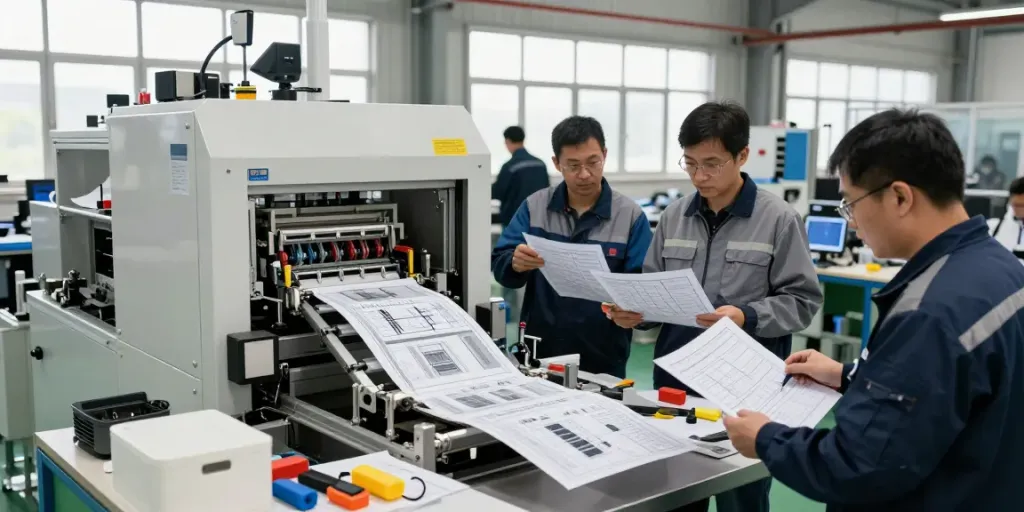 Engineers collaborating on advanced packaging equipment manufacturer project in a bright industrial setting.