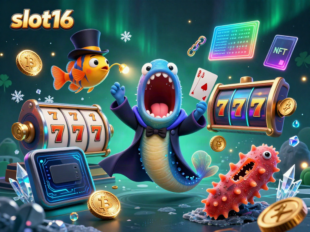 Experience thrilling action with slot16's vibrant cartoon casino scene featuring a magician eel and anglerfish
