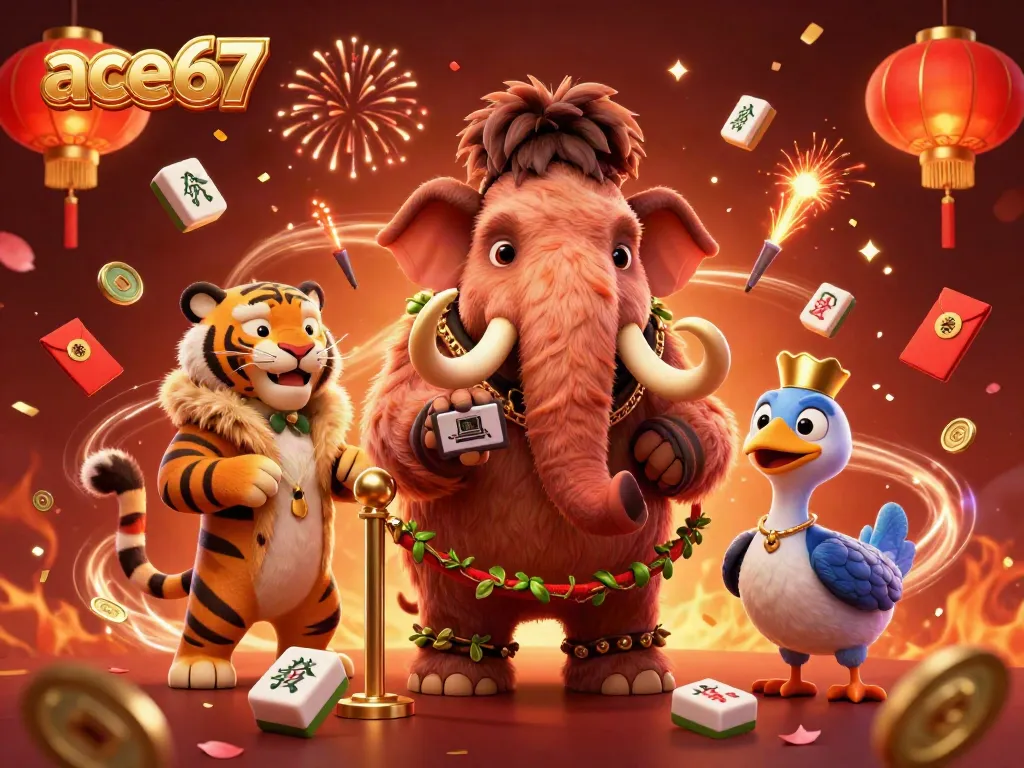 Engage with ace67's vibrant casino world featuring animated characters and festive elements.