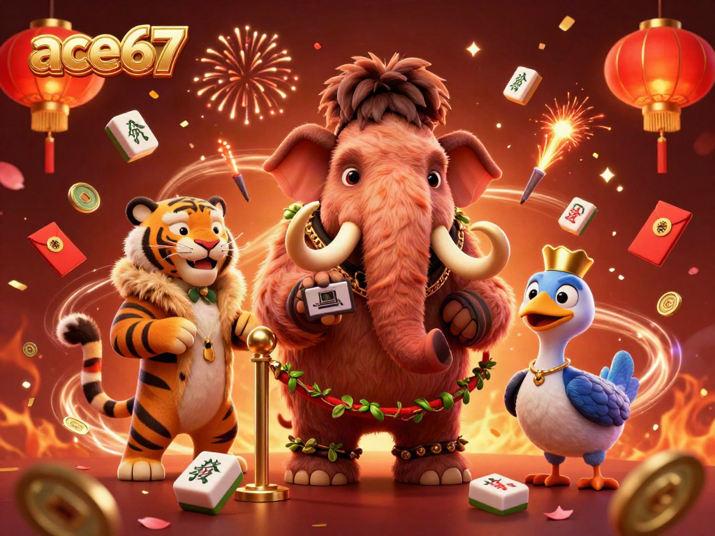 Engage with ace67's vibrant casino world featuring animated characters and festive elements.