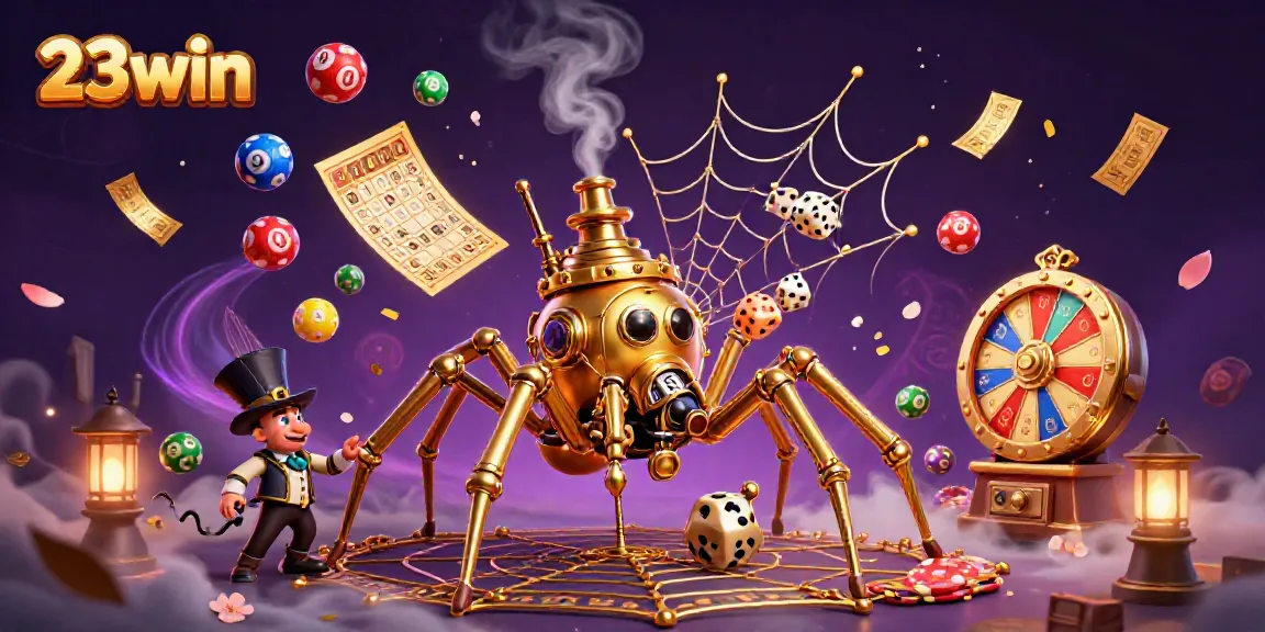 Experience excitement with 23win's dynamic lottery scene featuring steampunk elements and vibrant game items.