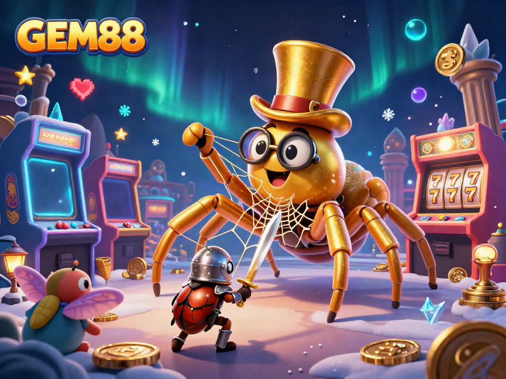 Experience the thrill of GEM88 with a whimsical casino scene featuring dynamic characters and gaming elements.