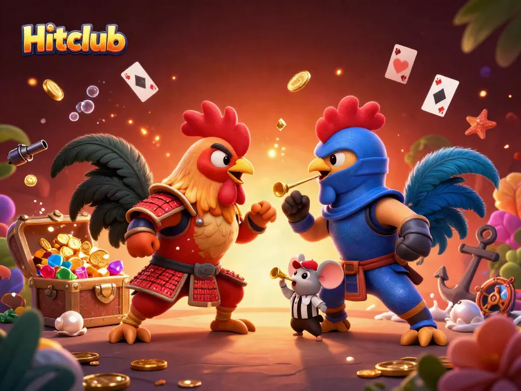 Hitclub showcases thrilling rooster combat with colorful gems and dramatic casino elements
