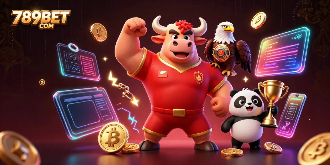 Win big at 789BET COM with a lively illustration showcasing champions and crypto elements.