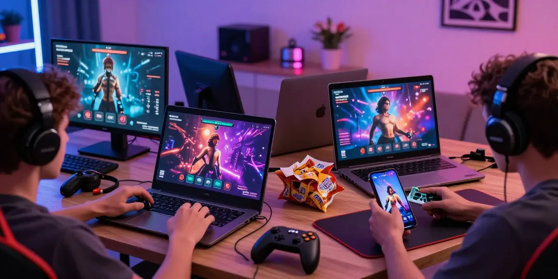Players engaging in immersive porn games on laptop and mobile devices in a colorful gaming room