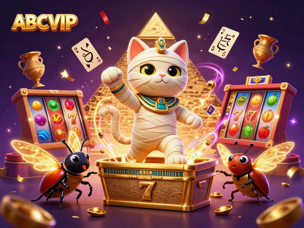 Experience the dynamic thrill of ABCVIP with an Egyptian mummy cat and a scarab beetle in a pyramid casino scene.