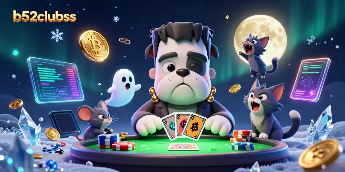 Experience b52clubsss gameplay with a spirited cartoon scene featuring a bulldog dealer and crypto elements.