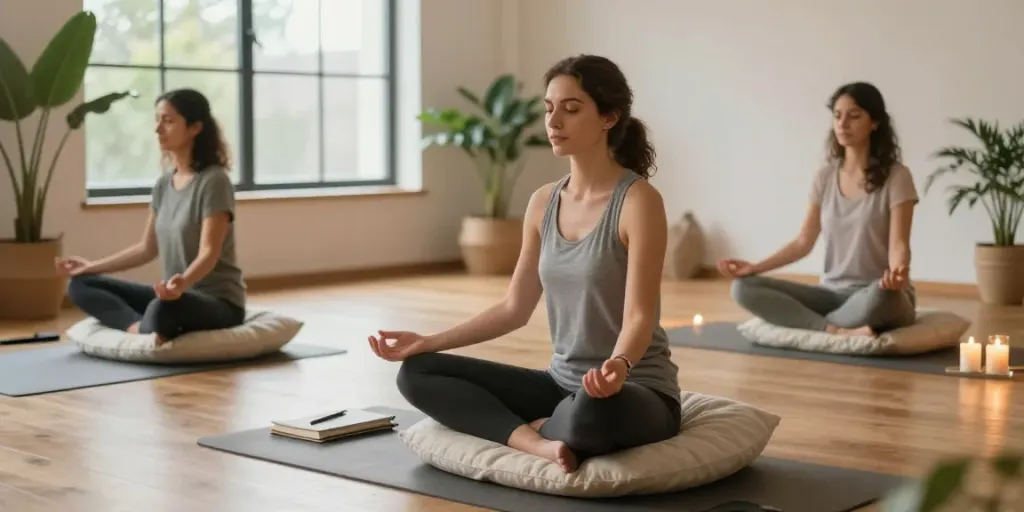 A woman meditating in a serene studio, embodying sexual energy and holistic wellness.