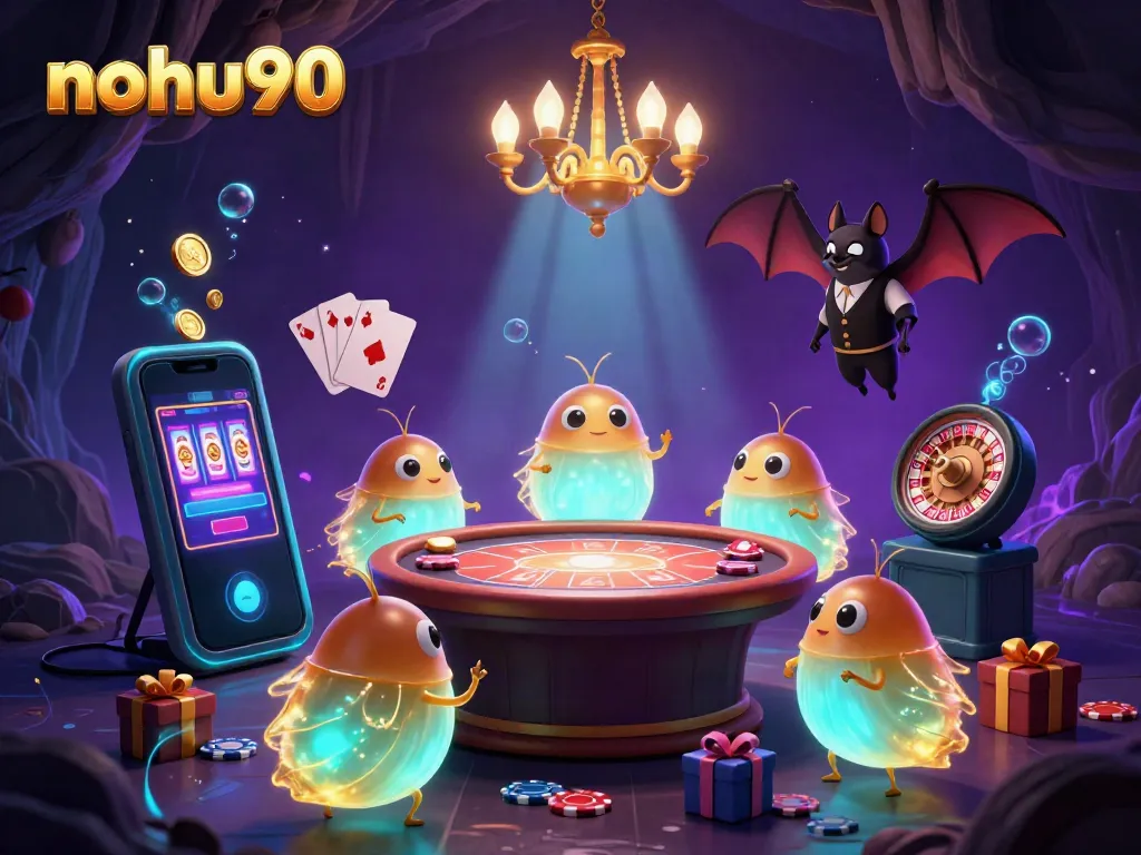 Engage in nohu90's immersive casino experience with a vibrant glowworm team lighting up the cave.