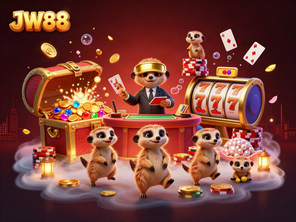 Engage with exciting slot games at JW88 with lounging meerkats running a colorful casino.