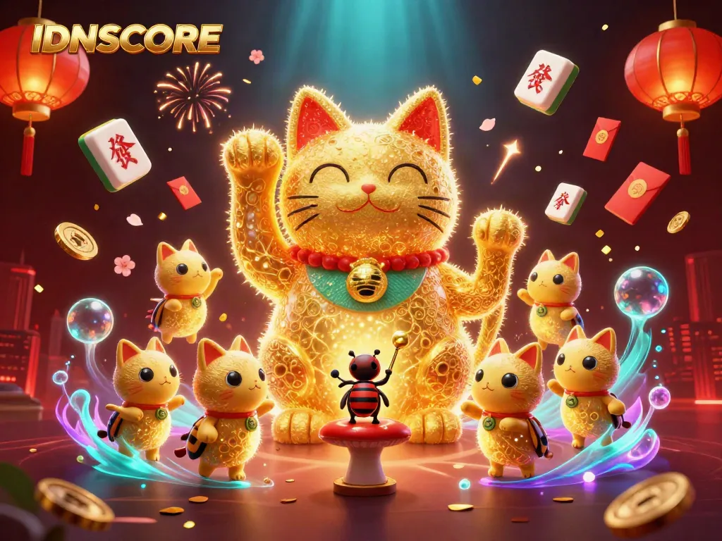 Engage in the action of IDNSCORE with golden fireflies as a lucky cat showcasing dynamic casino symbols.
