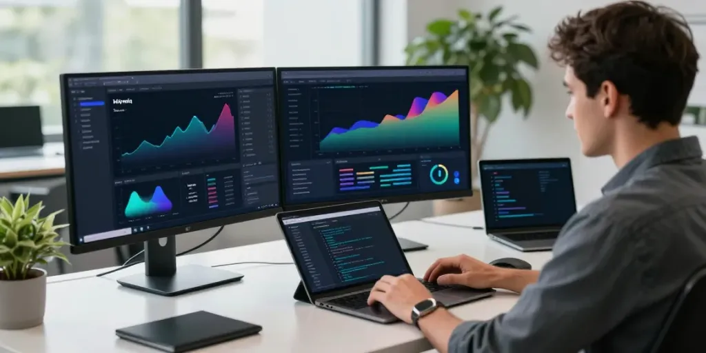 Kinetiq liquid staking workspace with a developer analyzing data on monitors and engaging in DeFi strategy.