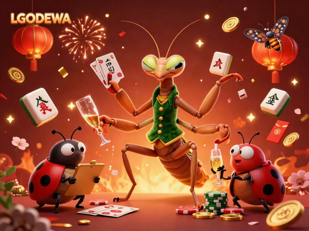 Experience the vibrant LGODEWA casino scene with a mantis card sharp and ladybug pit boss, showcasing energy and celebration.