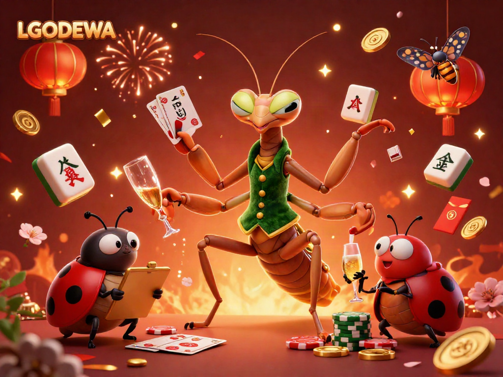 Experience the vibrant LGODEWA casino scene with a mantis card sharp and ladybug pit boss, showcasing energy and celebration.