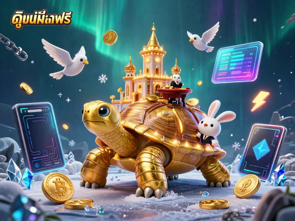 Experience ดูหนังออนไลน์ฟรี with a vibrant casino atmosphere featuring a golden tortoise and glowing cryptocurrency elements.