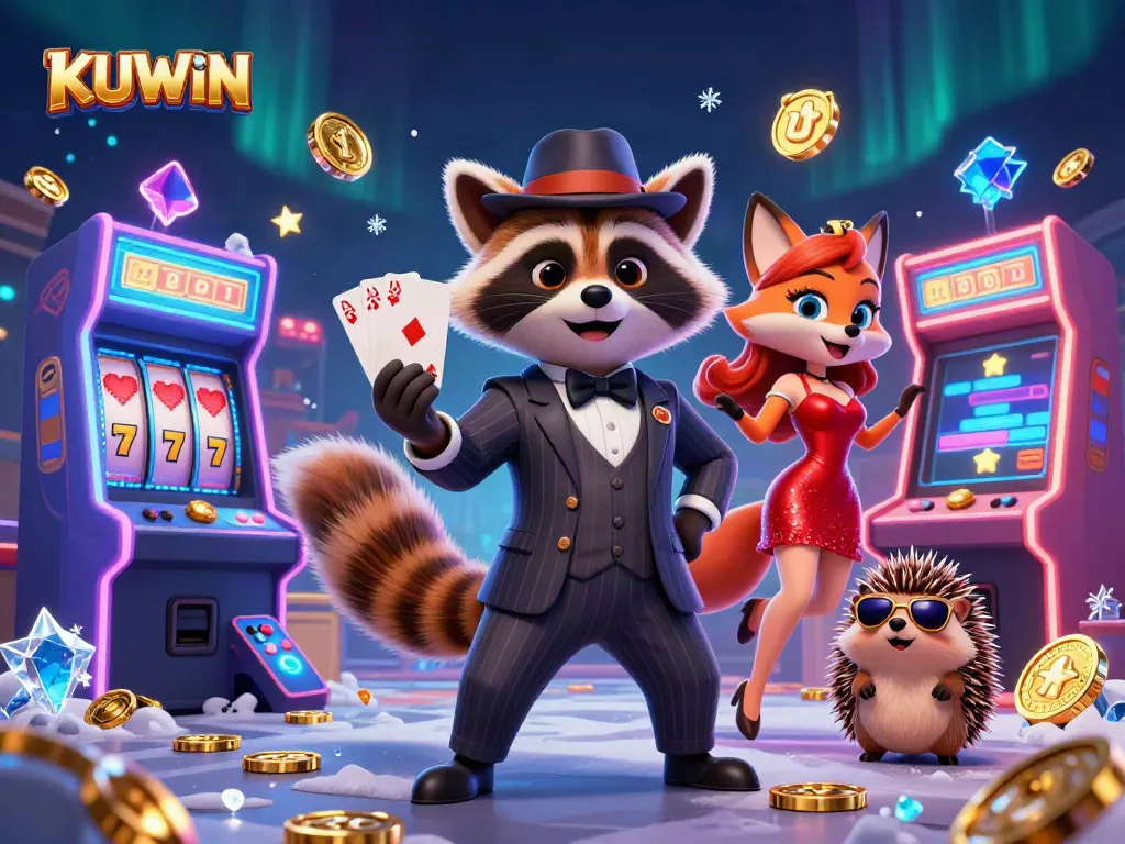 KUWIN gaming scene with a raccoon holding a royal flush, vibrant casino elements