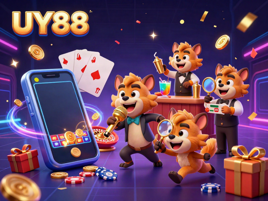Experience the vibrant casino atmosphere of UY88, featuring animated hyenas in a lively comedy club setting.