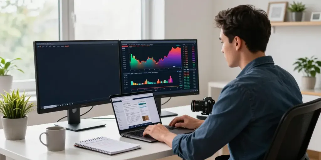 Trader analyzing TradingView charts in a bright home office.