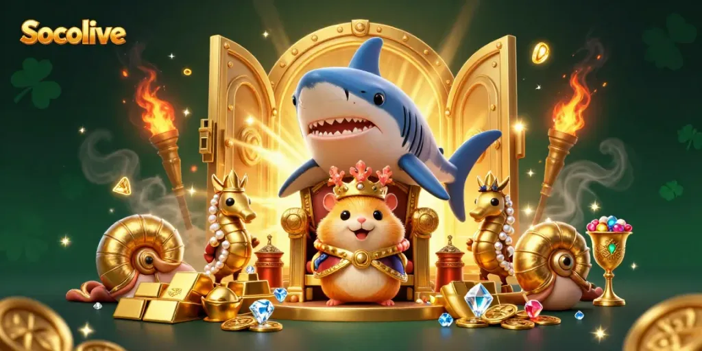 Socolive's vibrant 3D illustration showcases a hamster king and royal guards amidst treasure, emphasizing gambling excitement.