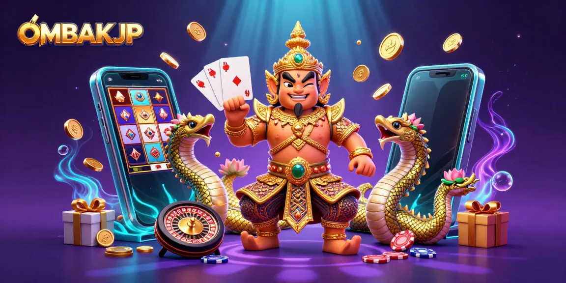 Experience gaming excitement with the dynamic OMBAKJP scene featuring a guardian, slot games, and vibrant casino elements.