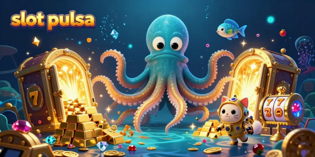 Gambarkan slot pulsa dengan bajak laut dan harta karun, menggambarkan permainan slot yang menarik.
